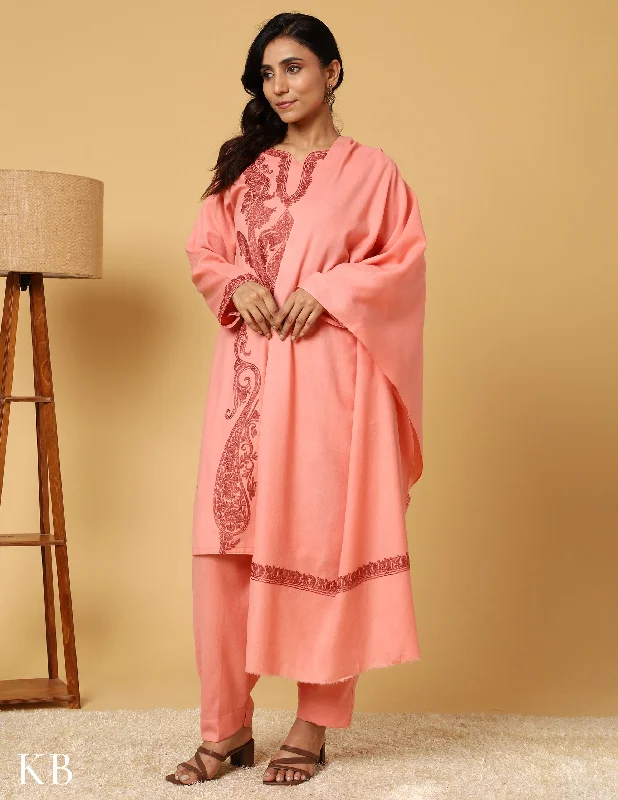 Sports And Leisure Peach Blossom Aari Embroidered Woolen Suit