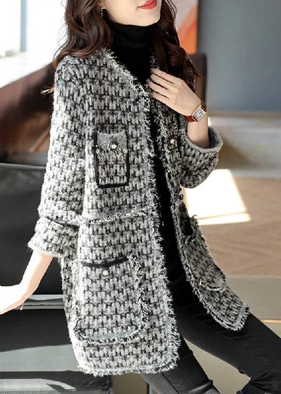 Sports Design Boho Black Tasseled Plaid Cotton Coats Spring