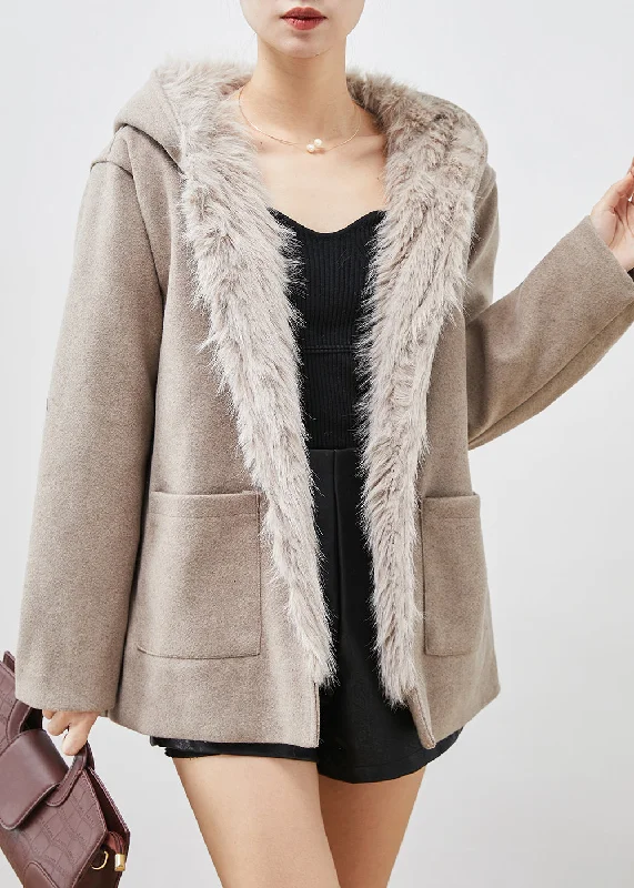 Retro Fashion Simple Khaki Hooded Pockets Woolen Coat Fuzzy Fox Lined Winter