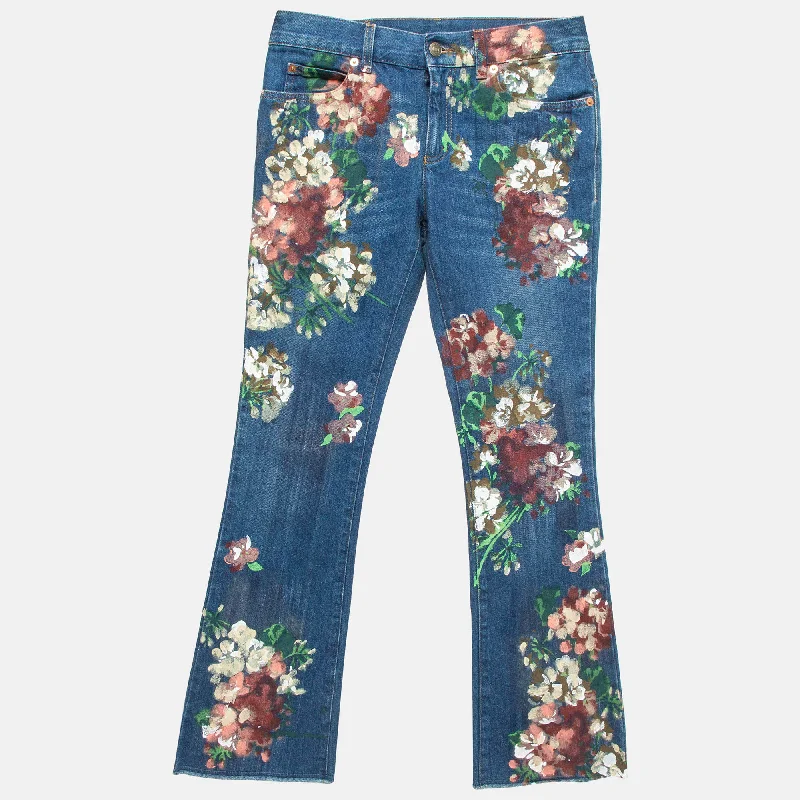 Lively And Youthful Gucci Blue Floral Hand Painted Denim Jeans