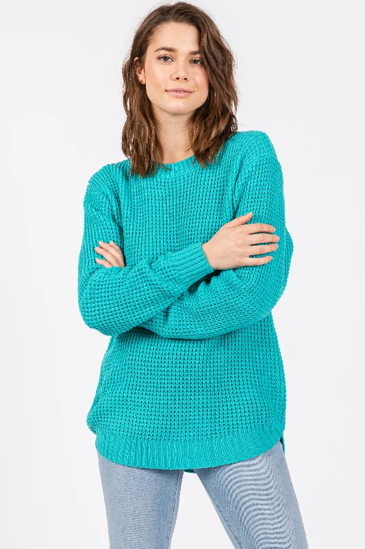 Spring Fashion Turquoise Waffle Knit Round Hem Sweater