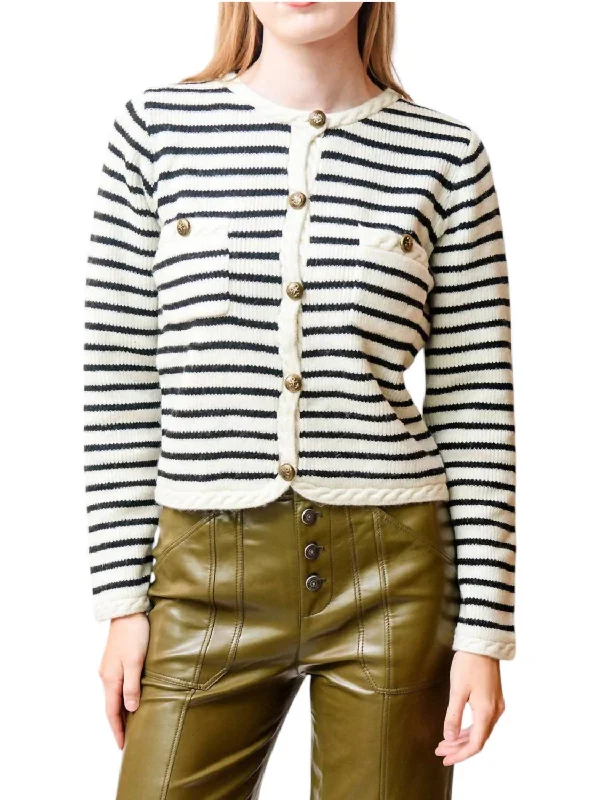 Comfortable And Casual Stripe Cardigan In Black/white