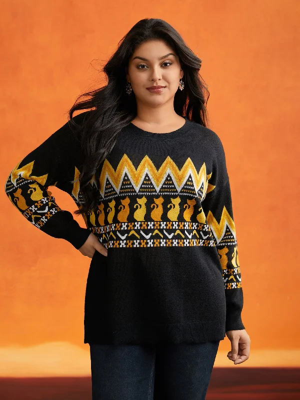 Boutique Recommendation Cat Printed Jacquard Fair Isle Pullover