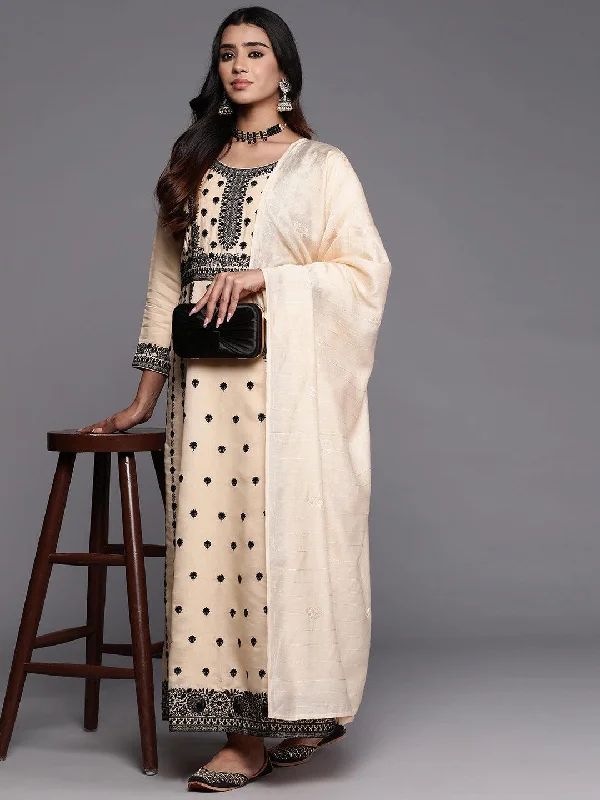 Girl Style Libas Art Cream Embroidered Silk Blend A-Line Kurta With Trousers & Dupatta