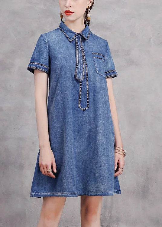 Warm Atmosphere Cute Blue Peter Pan Collar Necktie Embroideried Cotton Denim Dresses Short Sleeve