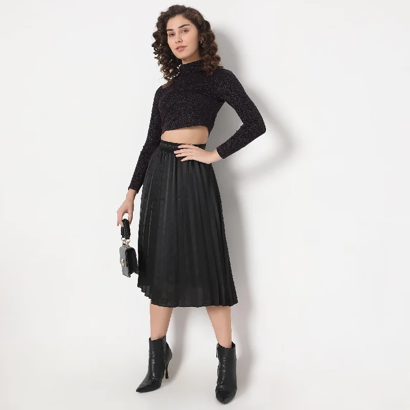 Elegant Temperament Flare Fit Solid Mid Rise Skirt