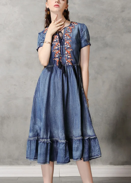 Street Cool Unique Blue V Neck Ruffled Cinched Embroideried Cotton Denim Dresses Short Sleeve