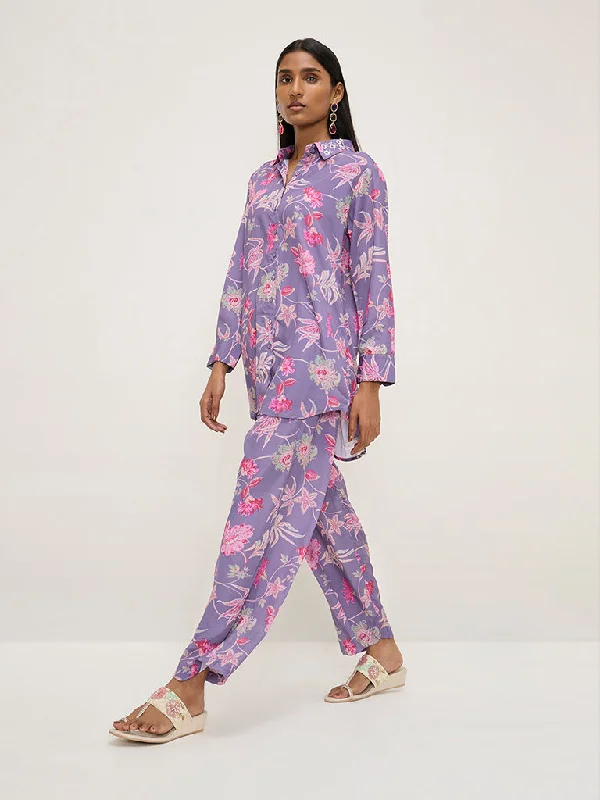 Classic Retro Vark Purple Floral Printed High-Low Tunic and Pants Set