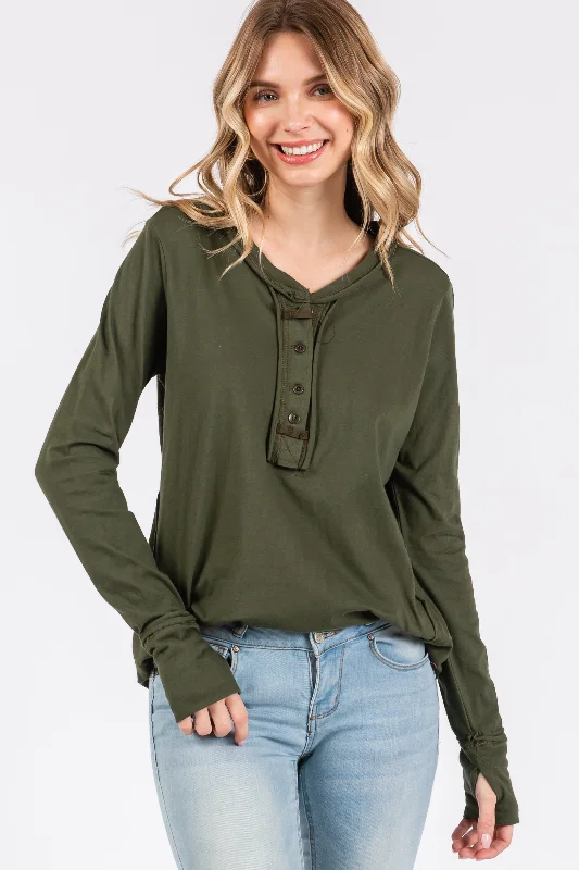 Urban Style Olive Long Sleeve Exposed Seam Top