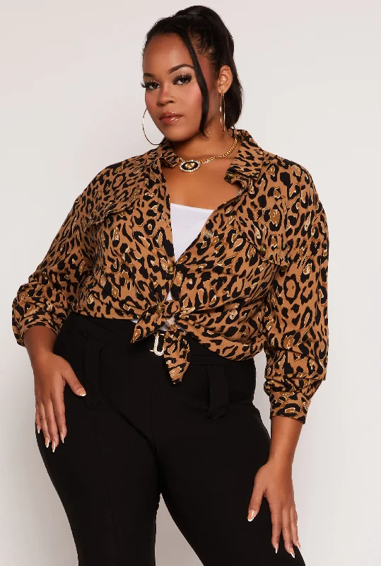 Street Charm Plus Size Animal Print Button Front Blouse