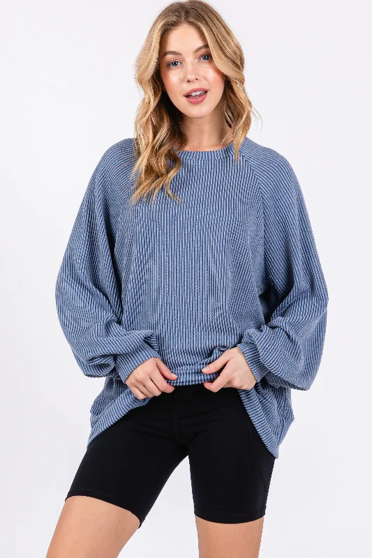 Age-reducing Style Blue Ribbed Long Sleeve Top