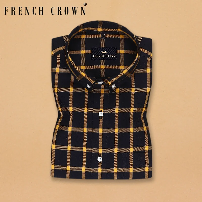 European And American Style Jade Black with Yellow Windowpane Flannel Cotton SHIRT