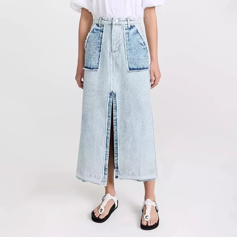 Embroidered Letters Chic Split Color Patchwork Denim Skirt