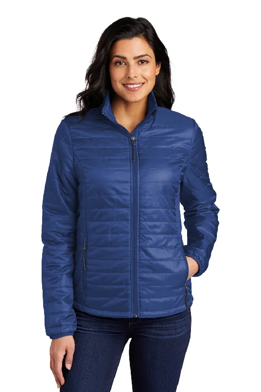 Urban Sense Port Authority Womens Water Resistant Packable Puffy Full Zip Jacket - Cobalt Blue