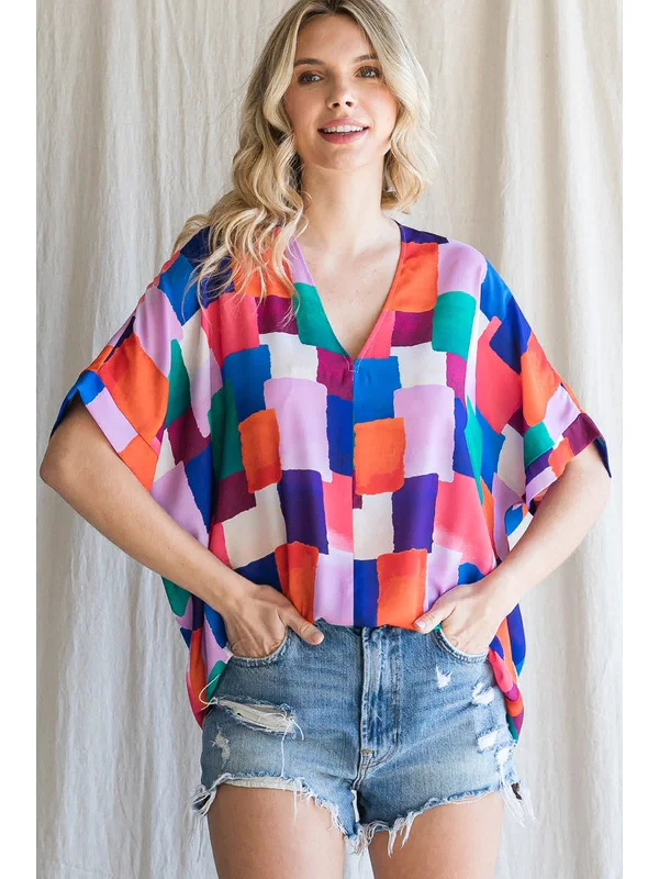 Cute Design Colorful Squares V-Neck Shift Top