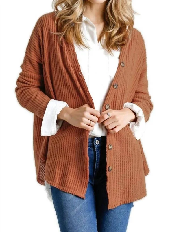 Cute Design Waffle Knit Cardigan In Ginger