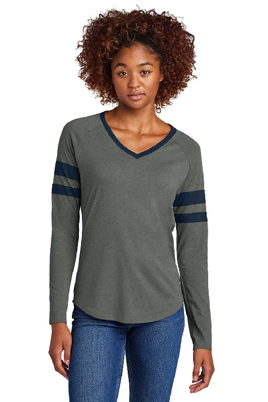 Fashionable And Versatile Sport-Tek Womens Halftime Stripe Long Sleeve V-Neck T-Shirt - True Navy Blue/Heather Vintage Grey - New