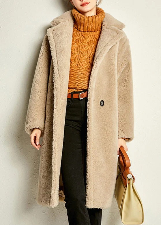 Playful Style Camel Button Warm Maxi Faux Fur Coat Spring