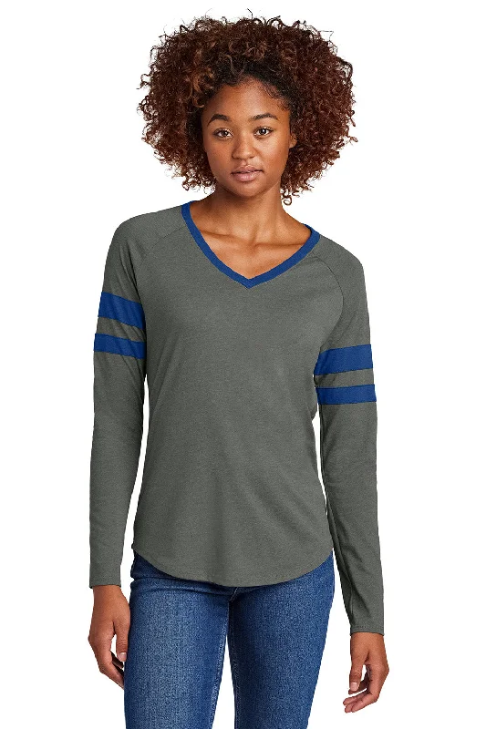 Celebrity Style Sport-Tek Womens Halftime Stripe Long Sleeve V-Neck T-Shirt - True Royal Blue/Heather Vintage Grey - New