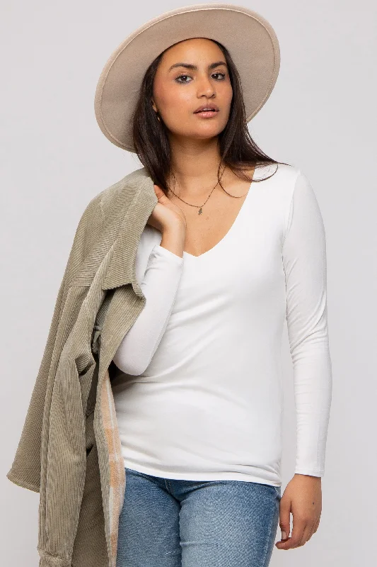 Classic Retro Ivory V-Neck Long Sleeve Top