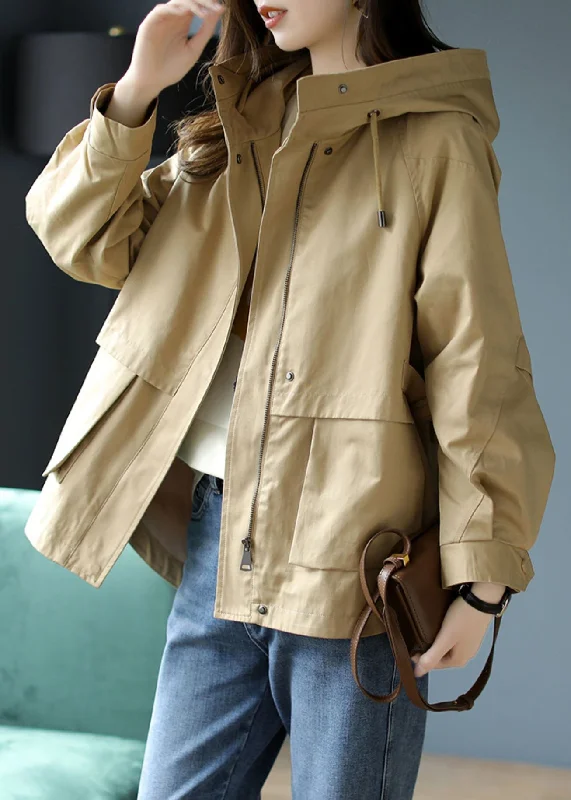 Stretch Design Casual Khaki Hooded Patchwork Cotton Coat Spring