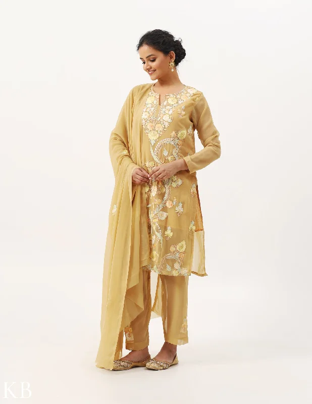 Comfortable And Casual Khaki Beige Three-Piece Aari Work Georgette Suit