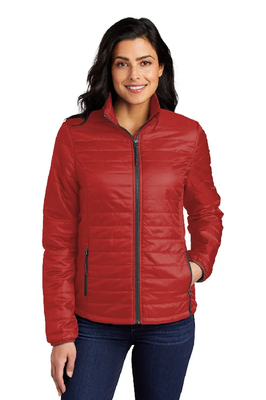 Exquisite Fabrics Port Authority Womens Water Resistant Packable Puffy Full Zip Jacket - Fire Red/Graphite Grey