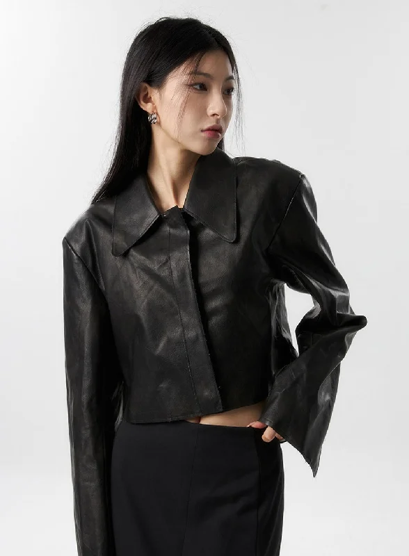 Exquisite Craftsmanship Faux Leather Crop Jacket IS315