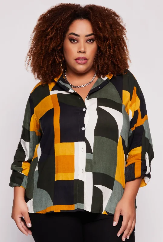 Fresh And Capable Plus Size Abstract Print Tabbed Sleeve Shirt