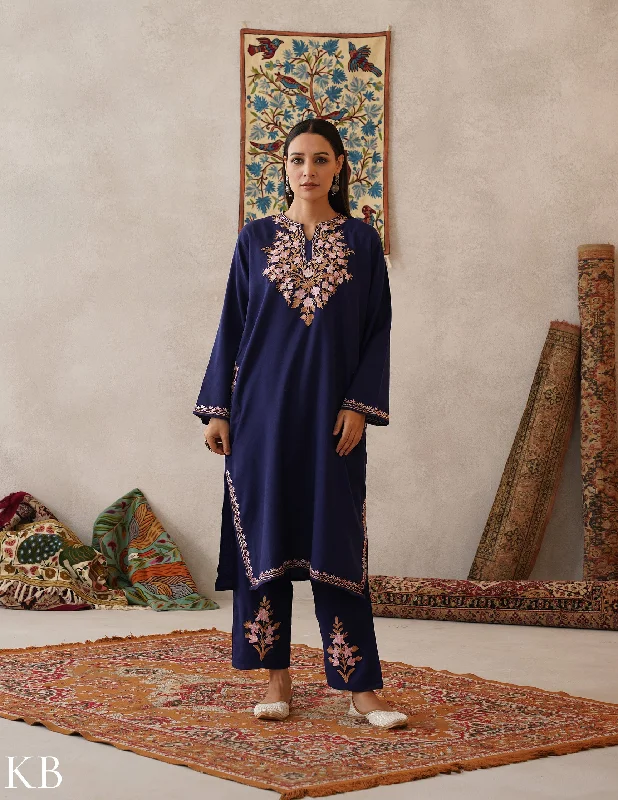 Breathable Design meHER Navy Blue Kashmiri Aari Woollen Co-ord Set