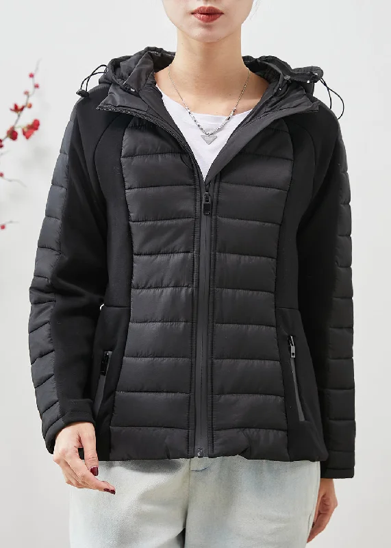 Age-reducing Style Black Patchwork Fine Cotton Filled Jackets Hooded Drawstring Spring