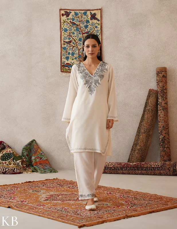 Elegant Temperament meHER Cream White Kashmiri Silver Zari Woollen Co-ord Set