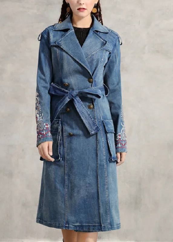 Classic Retro Simple Blue Peter Pan Collar Pockets Embroideried double breast Sashes Cotton Denim trench coats Spring