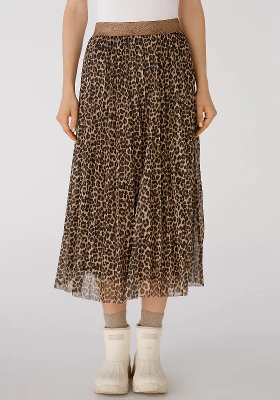 Comfortable And Casual Oui Leopard Print Pleated Mesh Midi Skirt, Camel