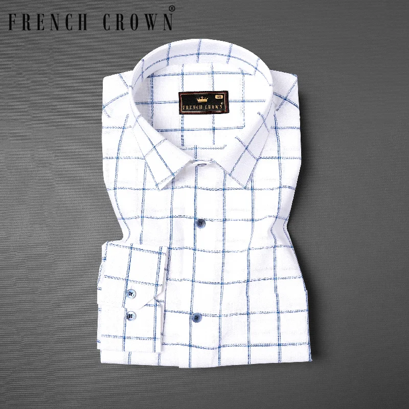 Classic Retro Bright White with Cobalt Blue Windowpane Luxurious Linen Shirt