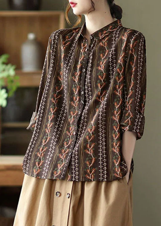 Comfortable And Casual Stylish Chocolate button Peter Pan Collar Print Shirts Spring