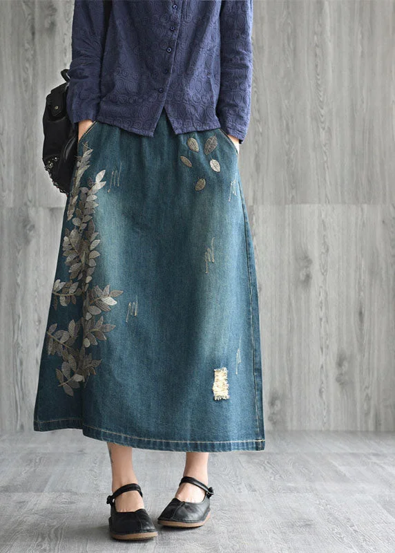 Fashion Innovation Natural Dark Blue pockets Embroideried Cotton denim Skirts Spring