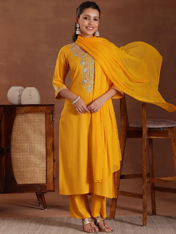 Lazy Home Mustard Yoke Design Rayon Straight Suit With Dupatta