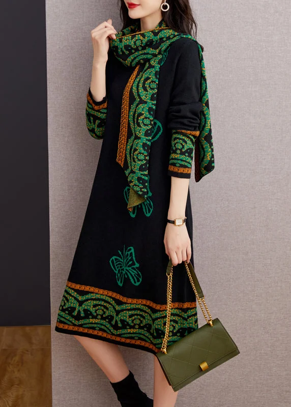 Romantic Data Handmade Black O Neck Butterfly Print Patchwork Woolen Dresses Fall