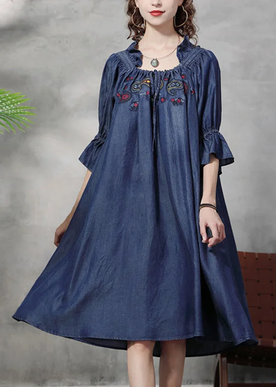 Lazy Home Simple Denim Blue wrinkled Ruffled Embroideried Cotton silk Dress lantern sleeve