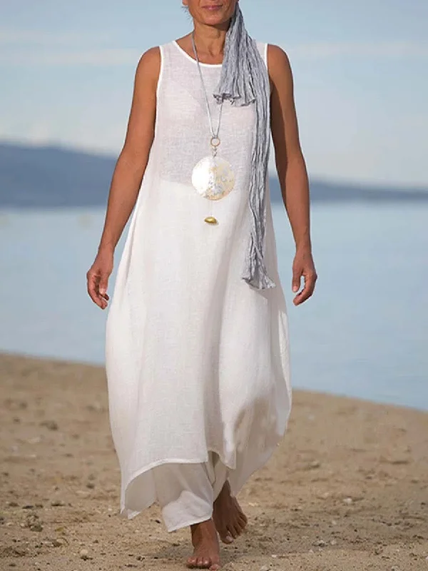 Elegant And Casual Round Neck Sleeveless Loose Cotton and Linen Suit