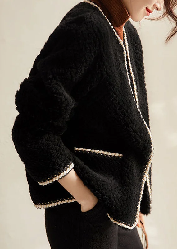 Fashion Selection Elegant Black O Neck Pockets Patchwork Wool Coat Winter