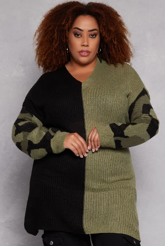 Minimalism Plus Size Camo Color Block Sweater