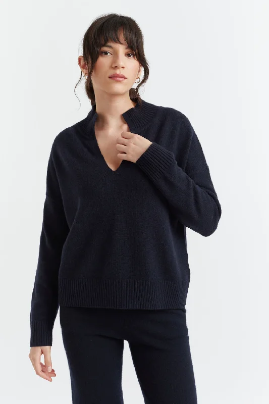 Exquisite Embroidery Navy Cashmere V-Neck Funnel Sweater