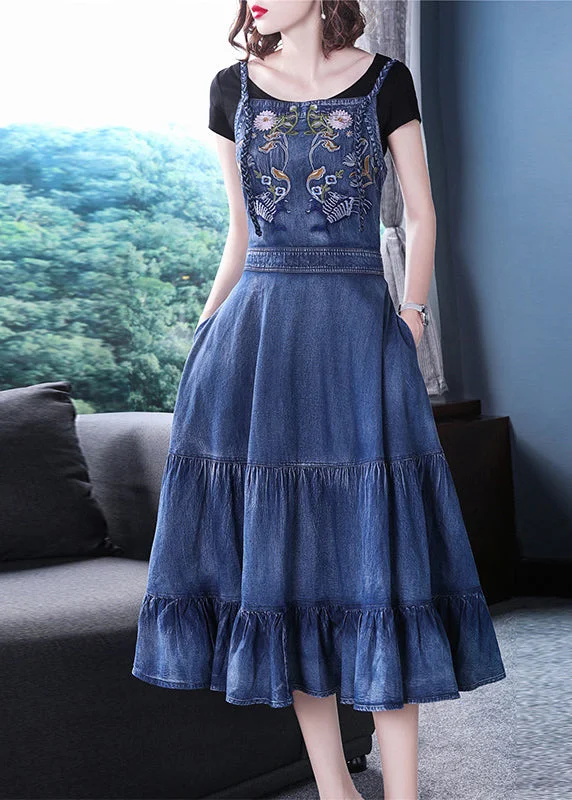 Fashion Design Slim Fit Blue Ruffles Embroideried Spaghetti Strap Cotton Denim Dresses Spring