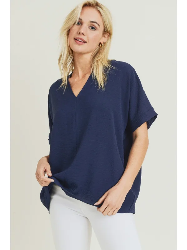 Retro Fashion V-Neck Shift Top, Navy