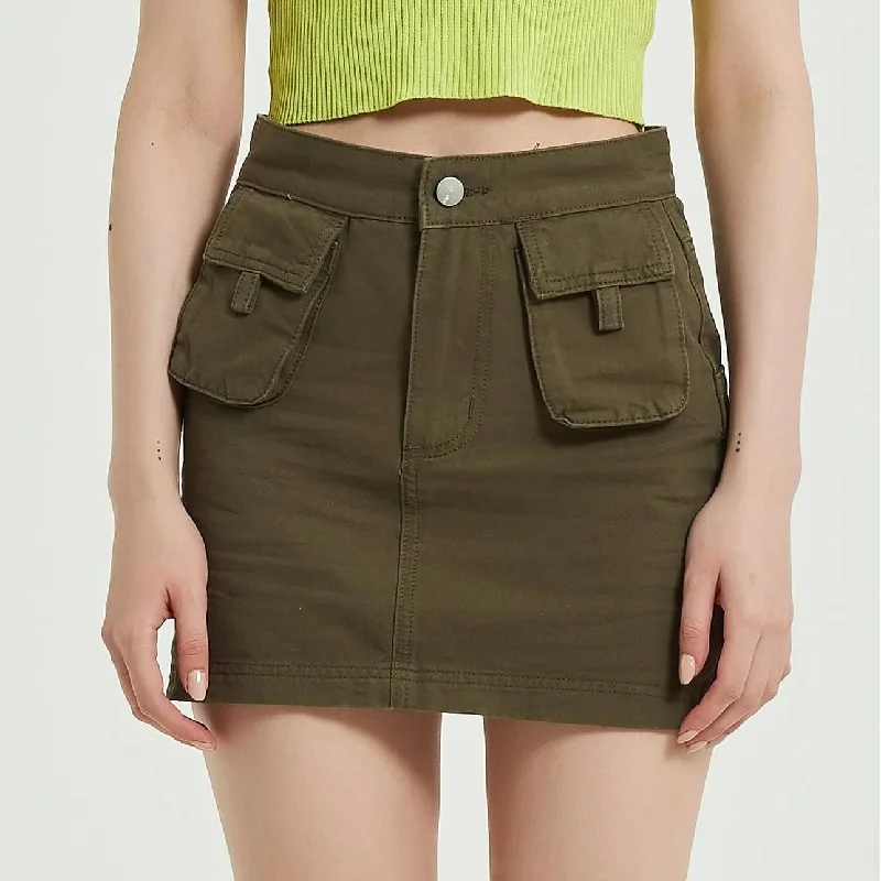 Street Cool Green Denim High-Waist Pencil Skirt with Pockets