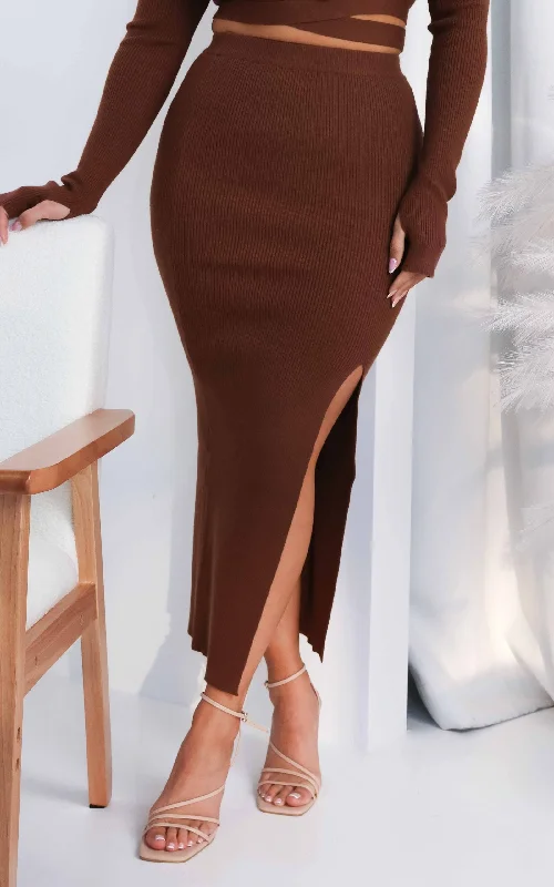 Personalized Series Araya Knit Split Midi Skirt - Chocolate Brown