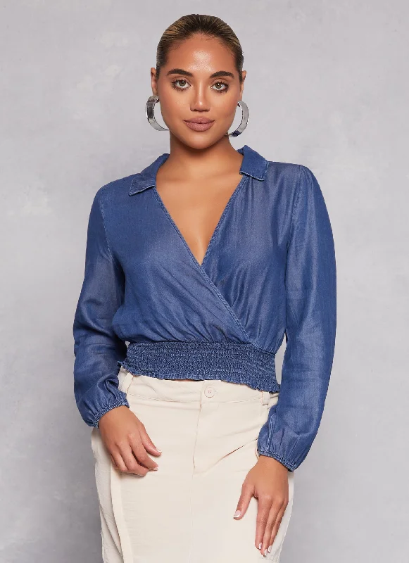 Soft And Comfortable Chambray Faux Wrap Crop Top