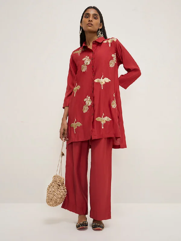 Practical Style Vark Red Embroidered High-Low Tunic and Pants Set